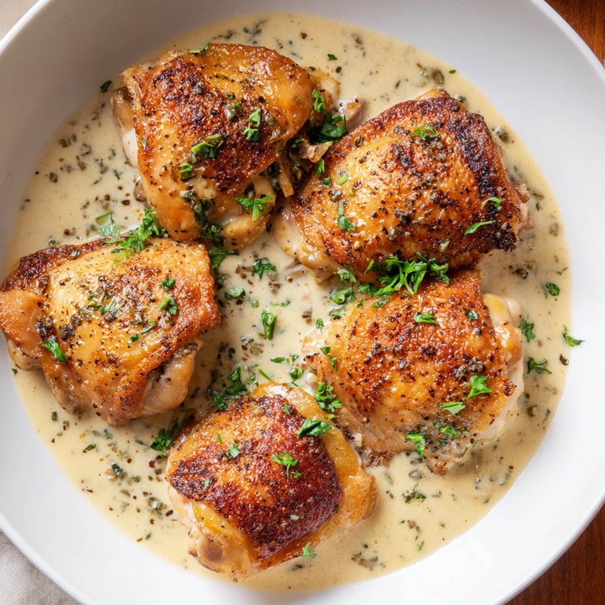 Creamy Garlic Parmesan Chicken Thighs recipe photo: golden-brown chicken in rich, cheesy sauce.