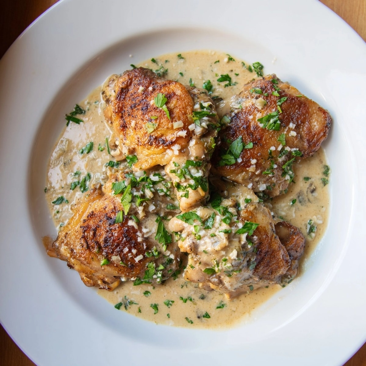 Savory Creamy Garlic Parmesan Chicken Thighs: A close-up of the creamy, herb-flecked sauce.