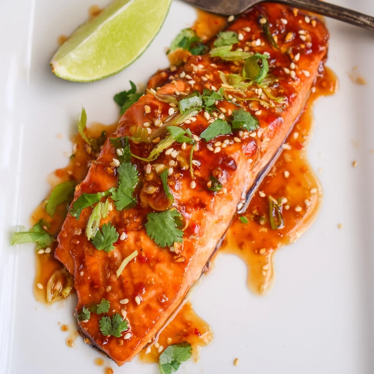 Oven-baked spicy honey glazed salmon, perfectly caramelized with a sweet and savory sauce.  