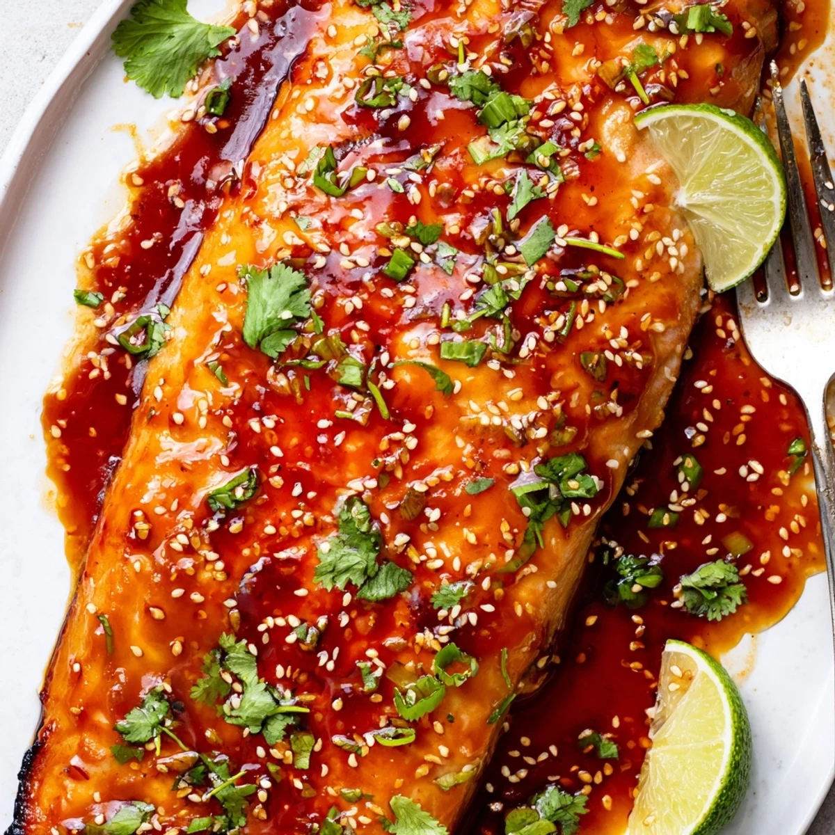 Deliciously spicy honey glazed salmon fillets topped with fresh cilantro and lime.  
