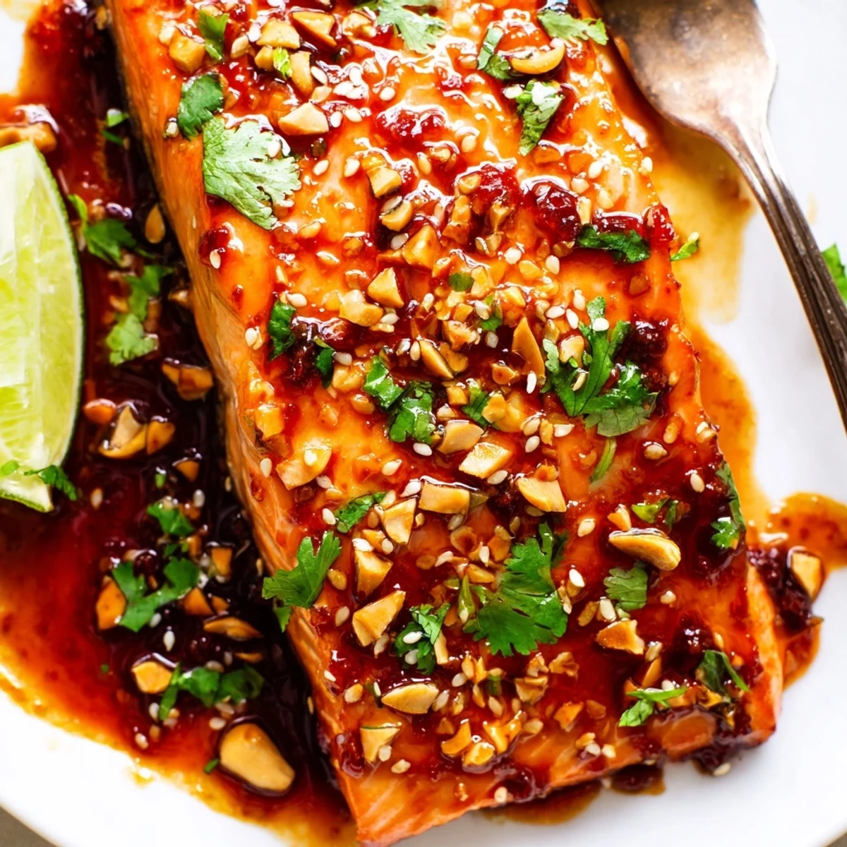 Tender salmon fillets drizzled with a rich spicy honey glaze, ready to serve warm.