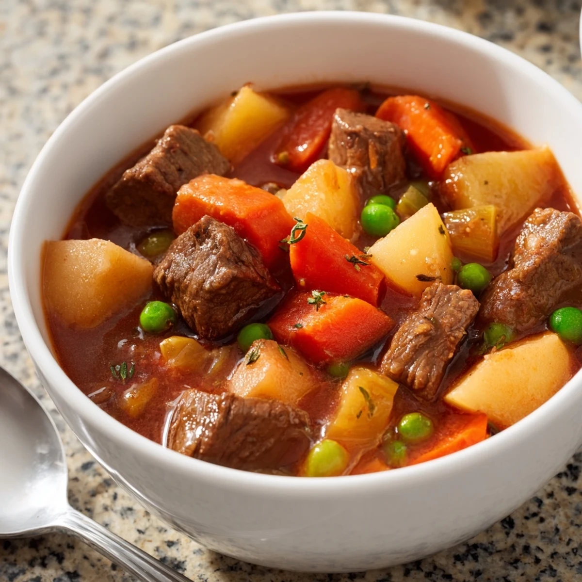 A piping hot bowl of hearty beef and vegetable stew steaming with savory aromas.  
