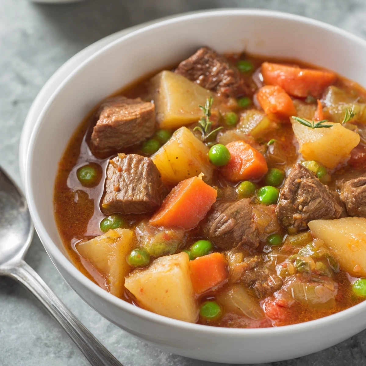 Comforting beef and vegetable stew featuring tender meat and vibrant root veggies.  