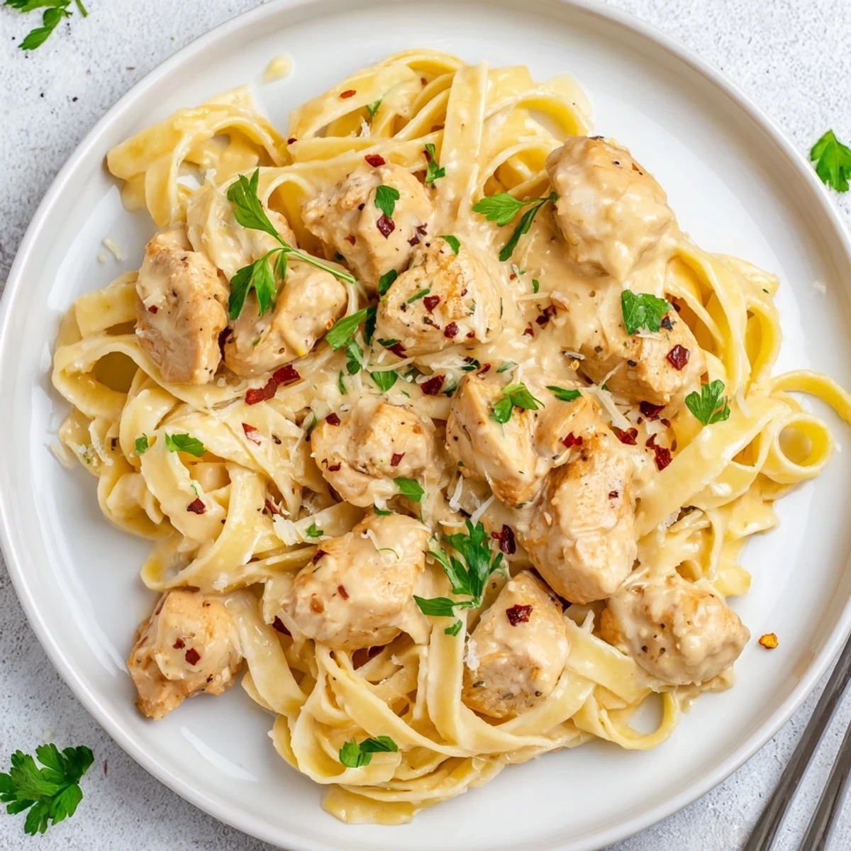 Creamy One-Pot Chicken Alfredo Pasta garnished with fresh parsley and Parmesan cheese.  