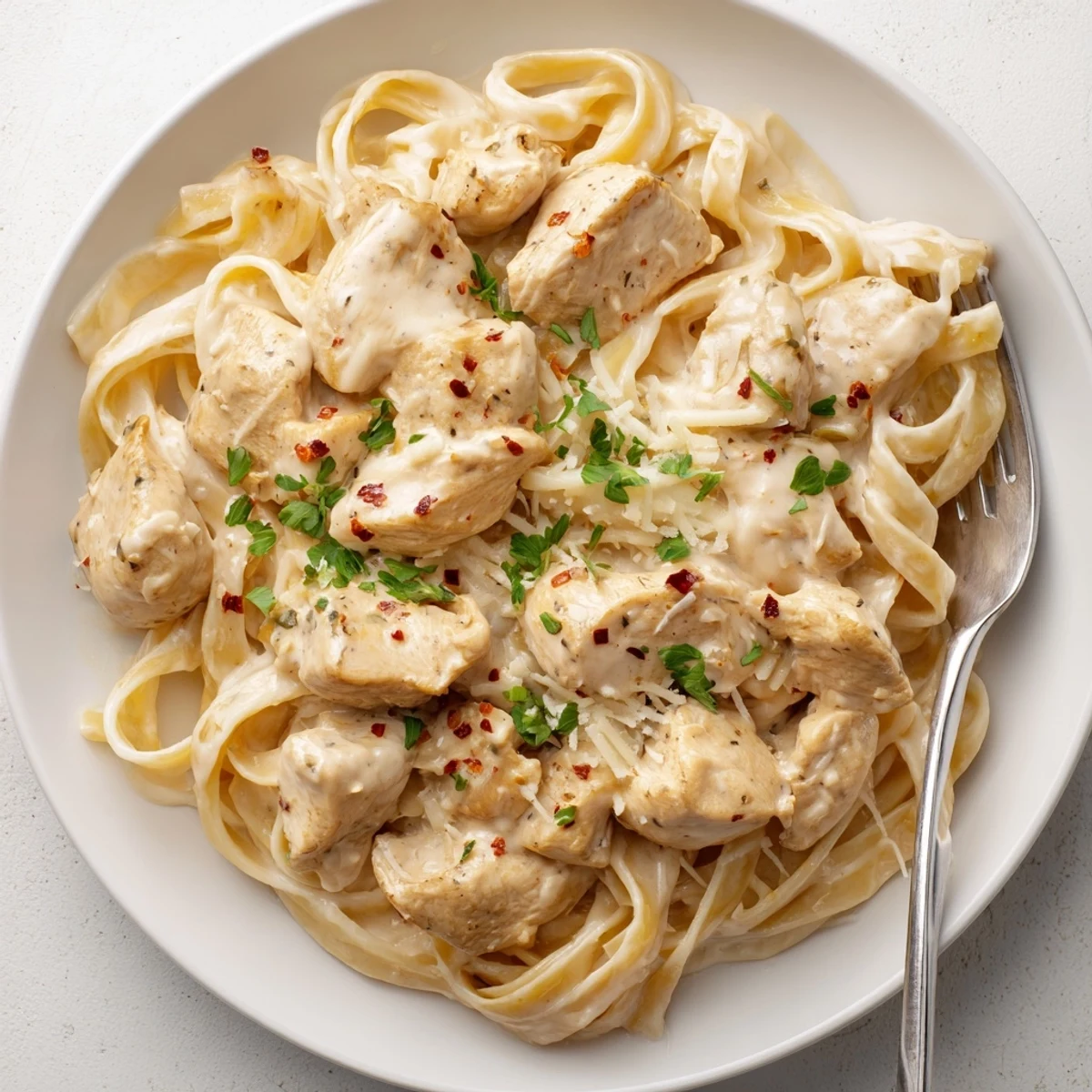 Delicious One-Pot Chicken Alfredo Pasta with tender chicken and fettuccine in rich sauce.  