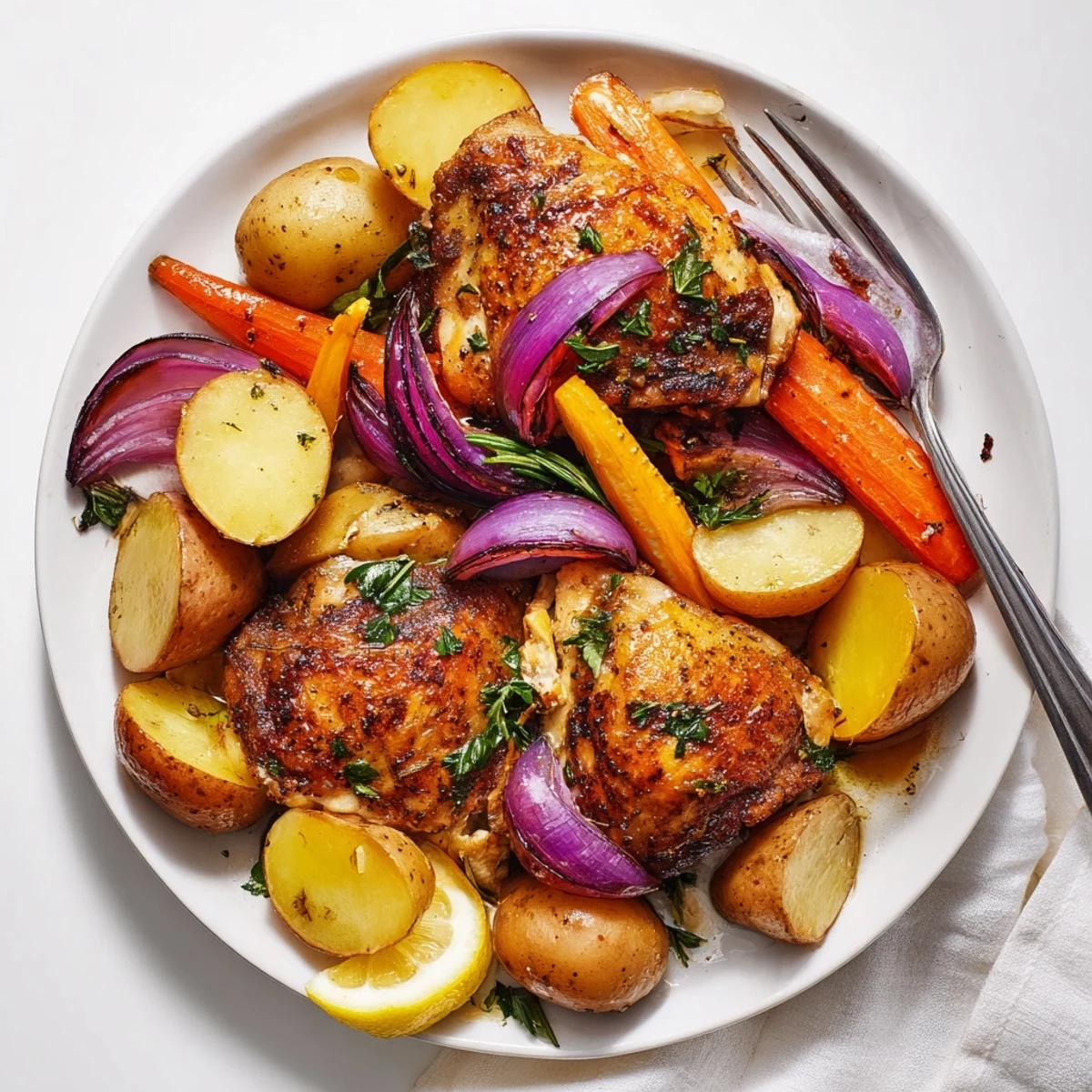 Succulent One-Pan Lemon Herb Roasted Chicken with Potatoes ready to serve, glistening and flavorful.  