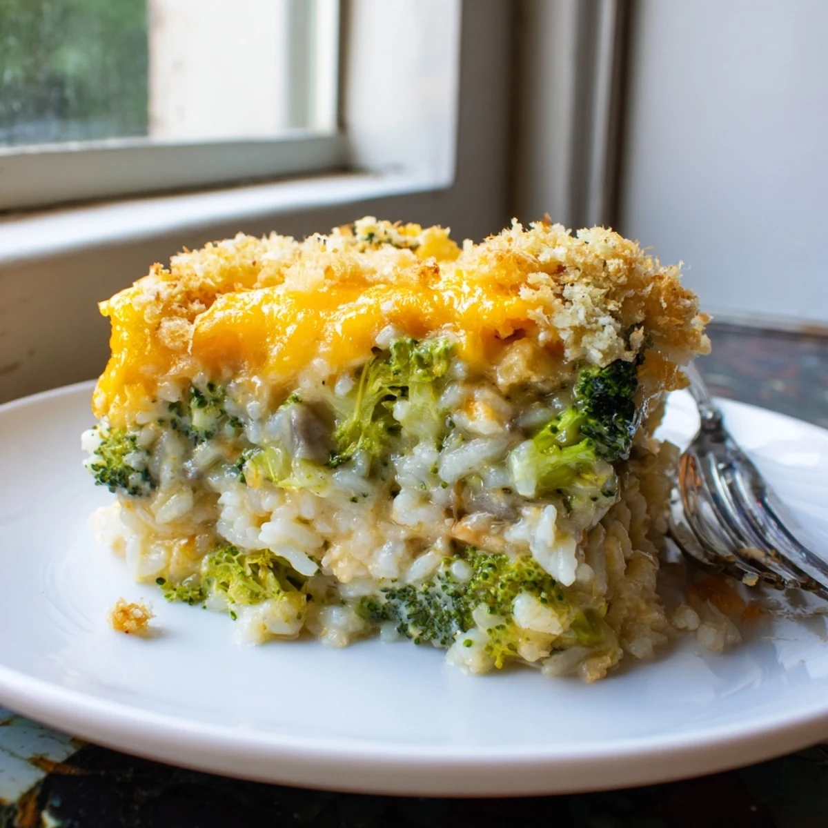 Creamy Cheesy Broccoli and Rice Casserole served hot, golden, and bubbling with melted cheese.  