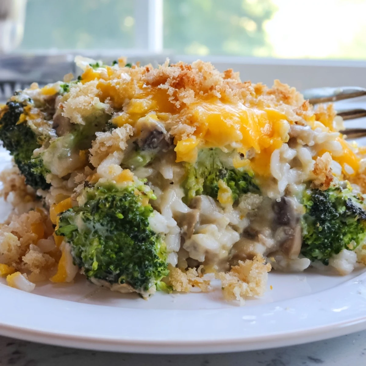 Deliciously baked Cheesy Broccoli and Rice Casserole topped with buttery panko breadcrumbs.  