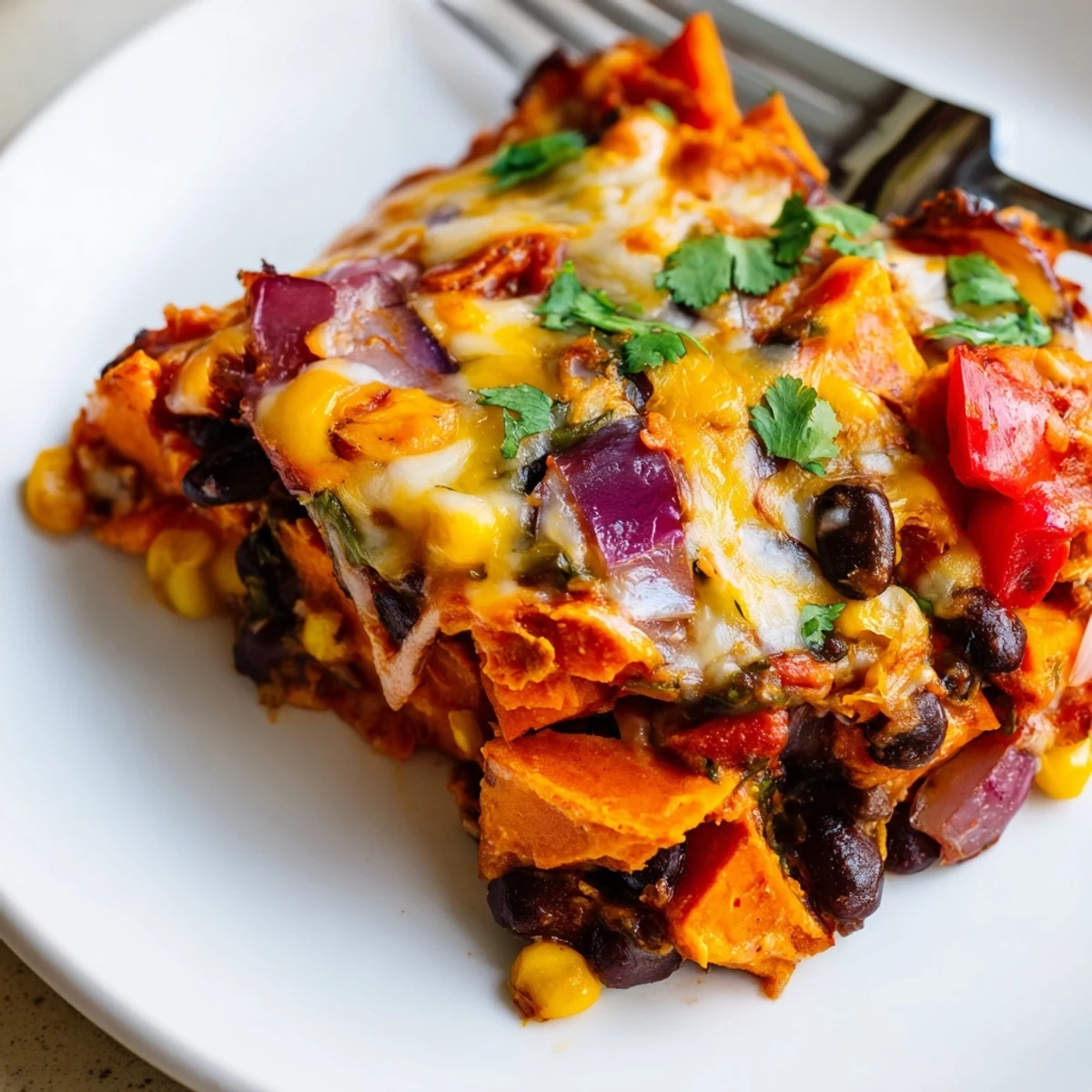 Hearty Sweet Potato and Black Bean Enchilada Bake drizzled with enchilada sauce and melted cheese.  