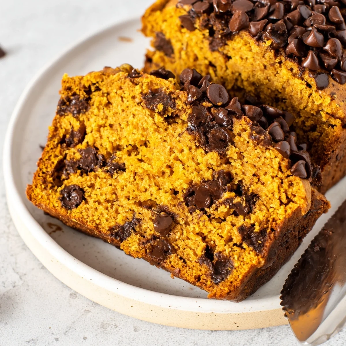 Moist chocolate chip pumpkin bread highlighted with rich chocolate chunks, perfect for breakfast.