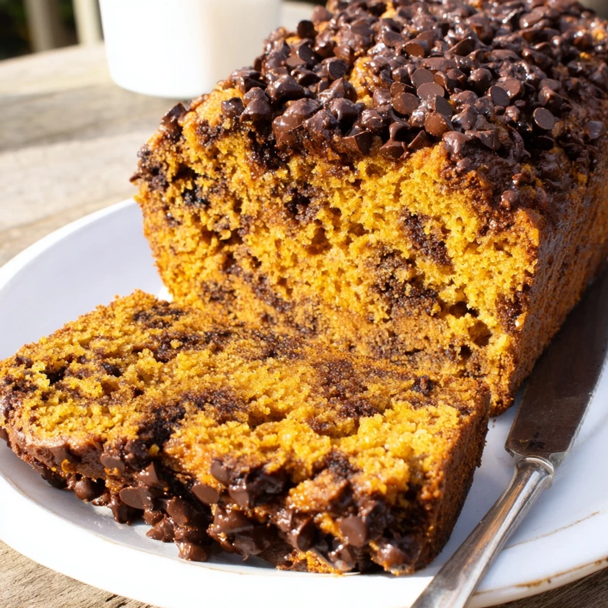 Deliciously baked pumpkin bread filled with warm spices and semi-sweet chocolate chips.