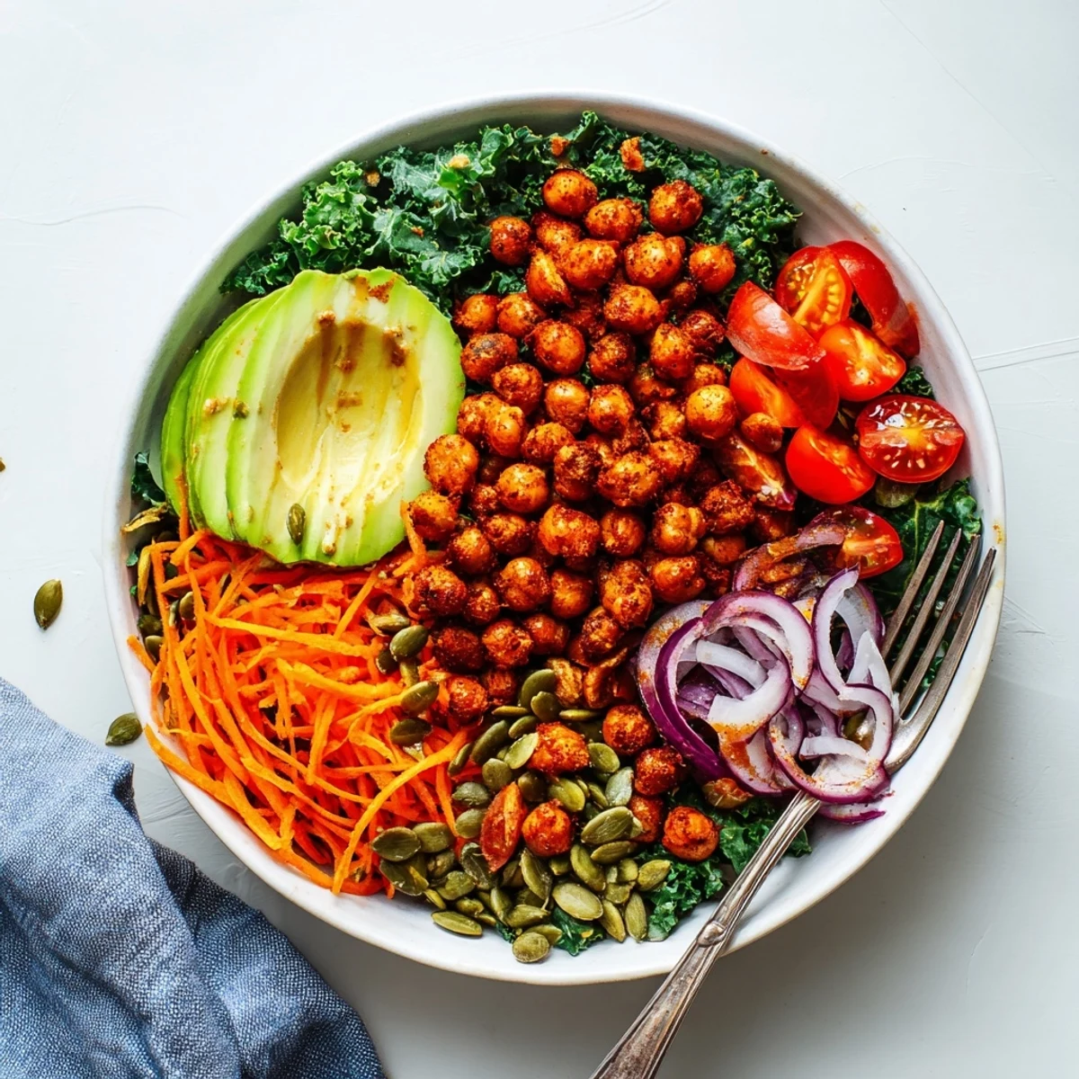 Spicy Chickpea and Kale Buddha Bowl topped with avocado and vibrant veggies, drizzled with tahini.