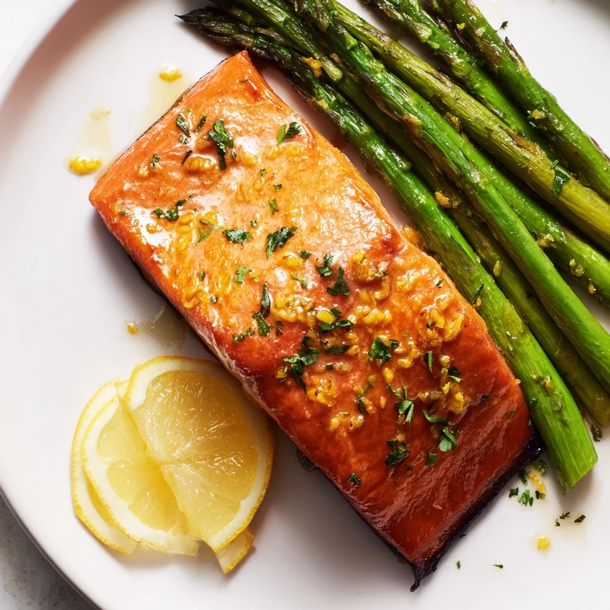 Tender Sheet Pan Lemon Garlic Salmon with Asparagus, drizzled in zesty marinade.  