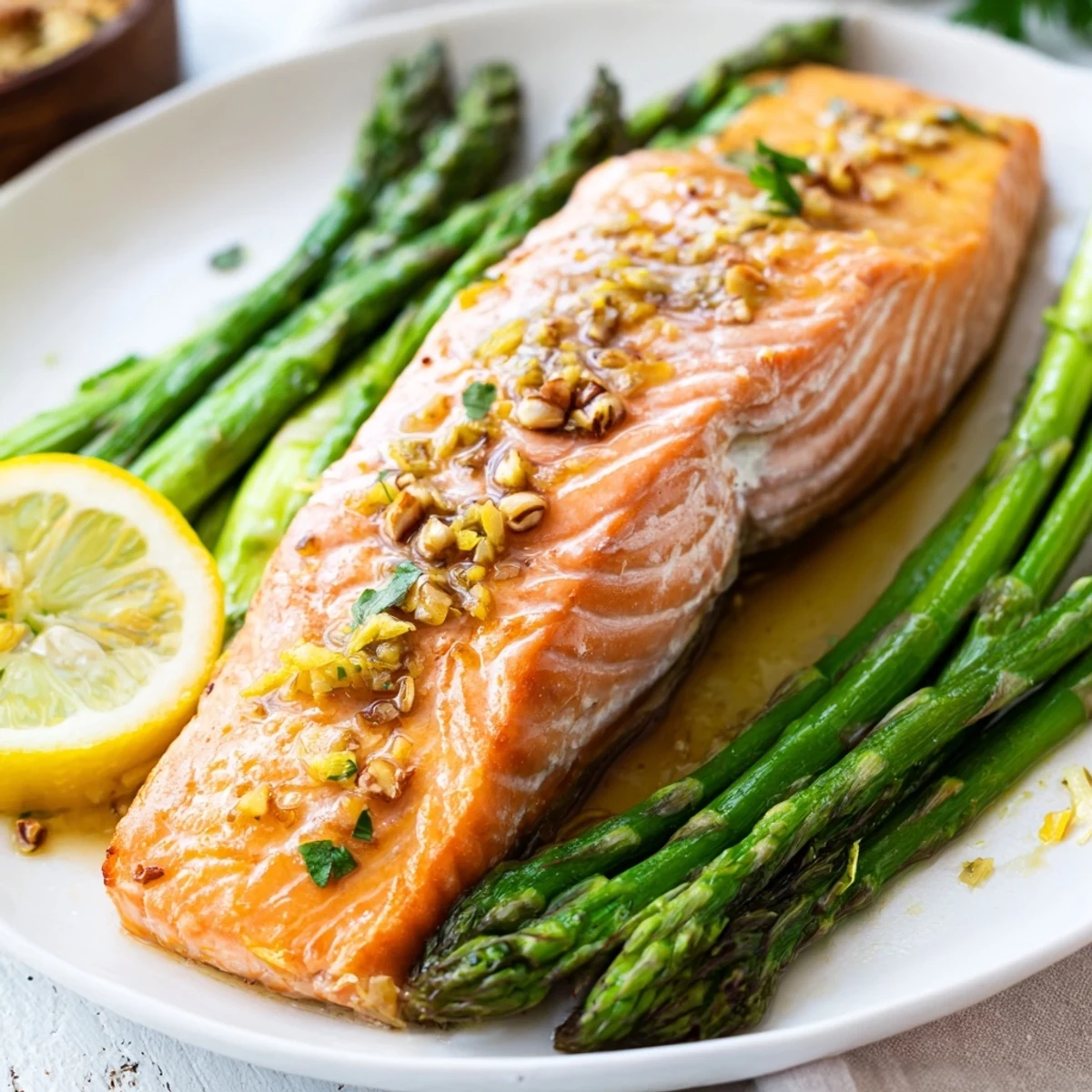 Deliciously roasted Sheet Pan Lemon Garlic Salmon and Asparagus, garnished with fresh lemon wedges.