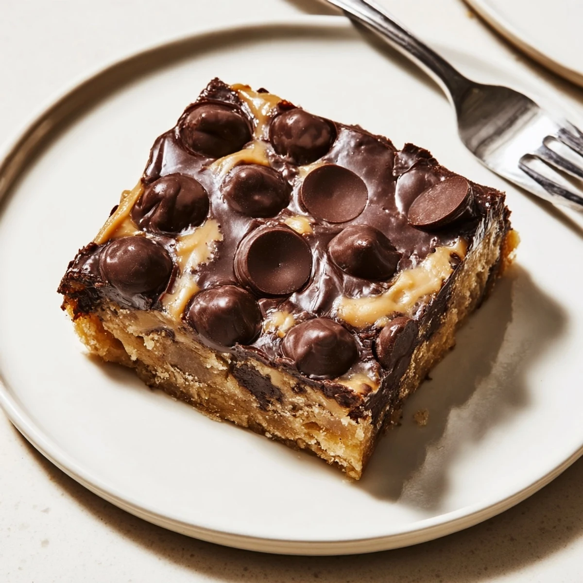 Gooey Peanut Butter Chocolate Bars topped with melted chocolate and creamy peanut butter drizzle.  