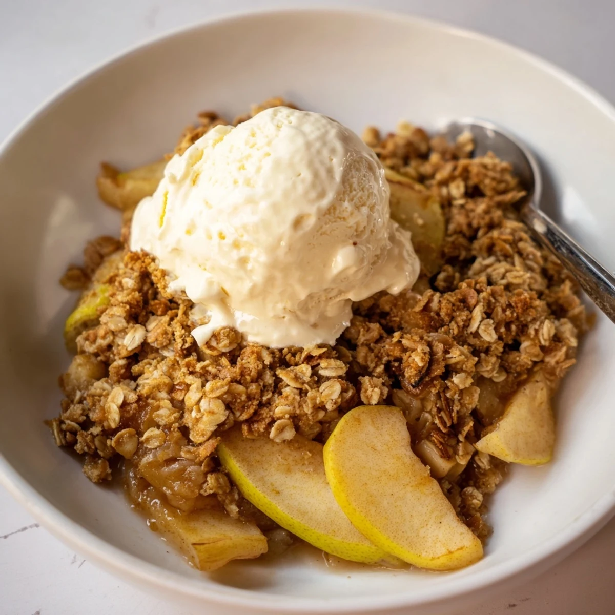 Satisfying Warm Cinnamon Apple Crisp bursting with baked apples and crunchy crumble.