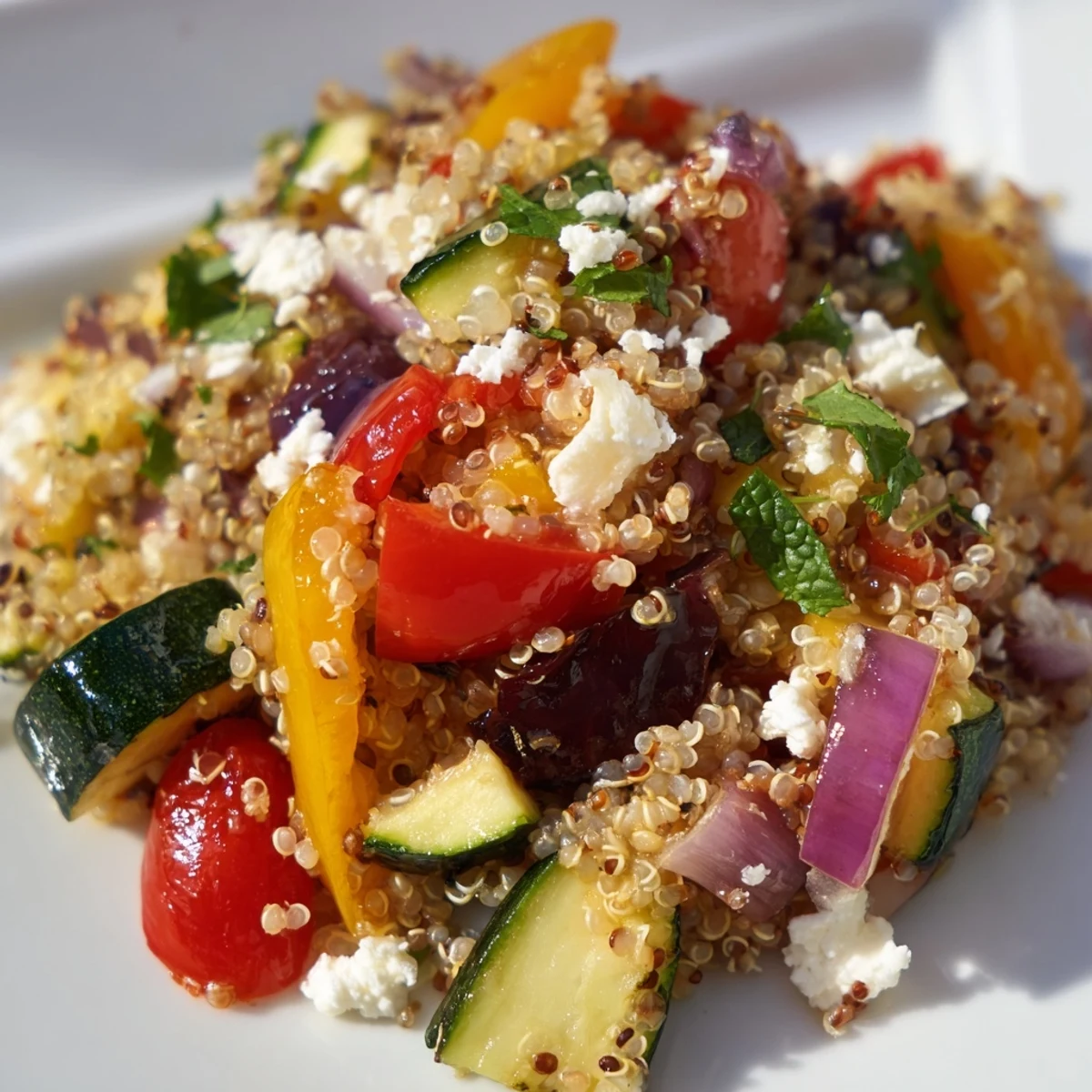 A colorful Quinoa Salad with Roasted Veggies and Feta, vibrant and healthy.  