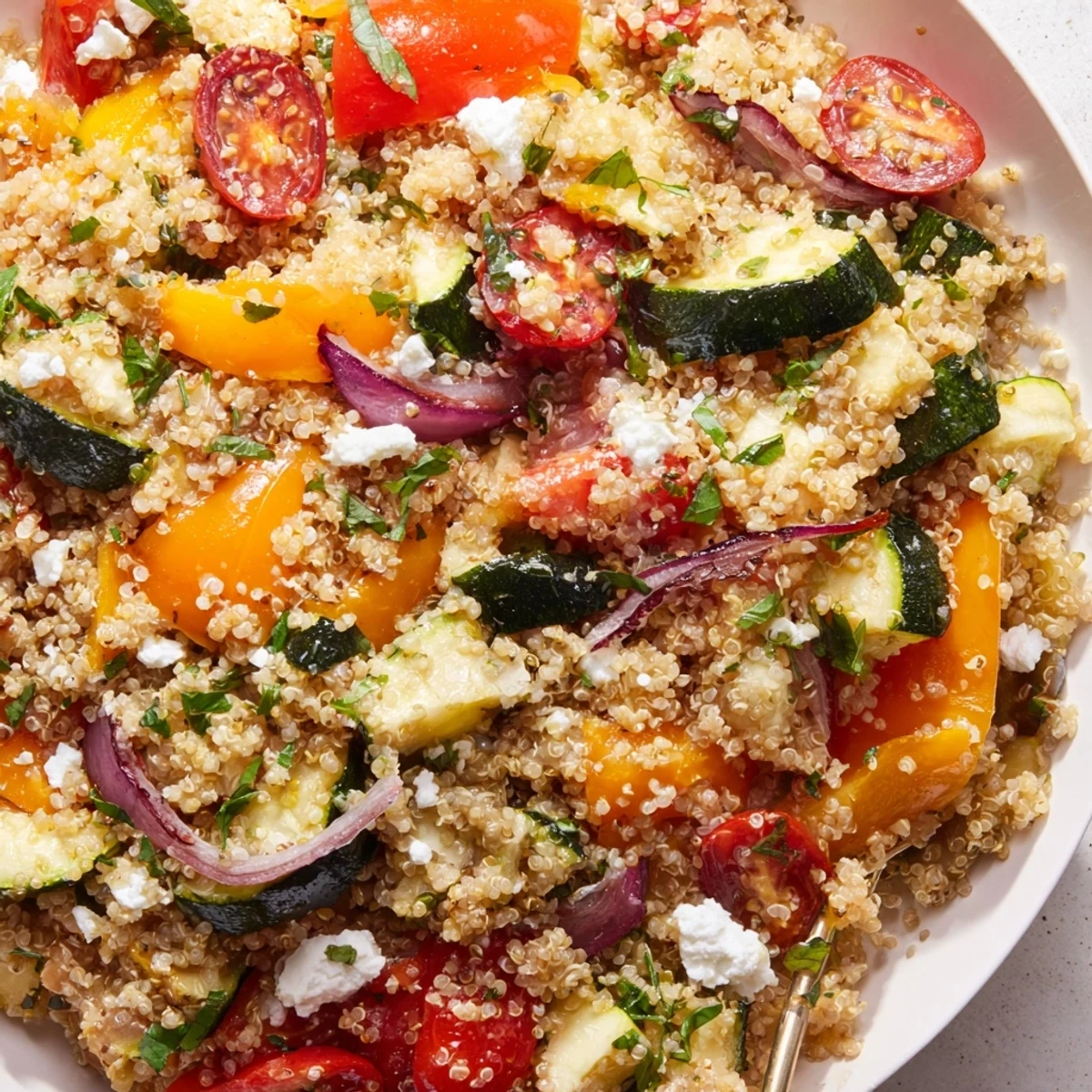 Delicious quinoa salad featuring roasted veggies and creamy feta, perfect for lunch.  