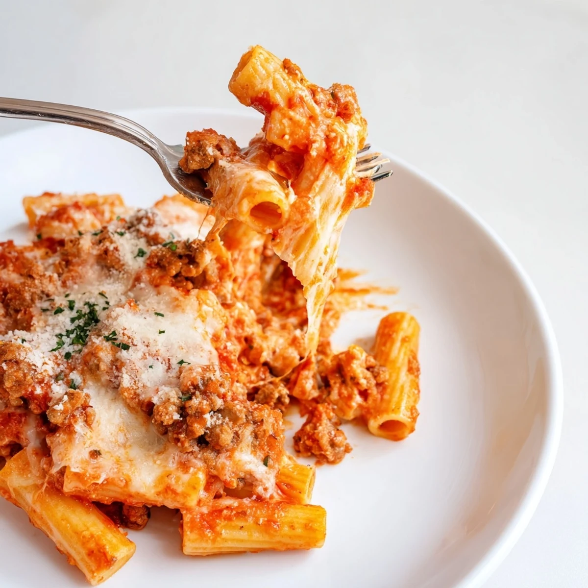 Warm, hearty Baked Ziti featuring savory Italian sausage and a fragrant tomato sauce.  