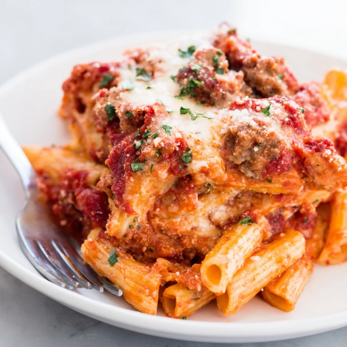 Rich Baked Ziti with Italian sausage topped with bubbly melted cheese, a family favorite.  