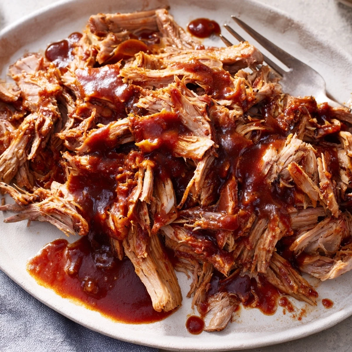 Tender Slow Cooker BBQ Pulled Pork dripping with smoky sauce, ideal for sandwiches.  