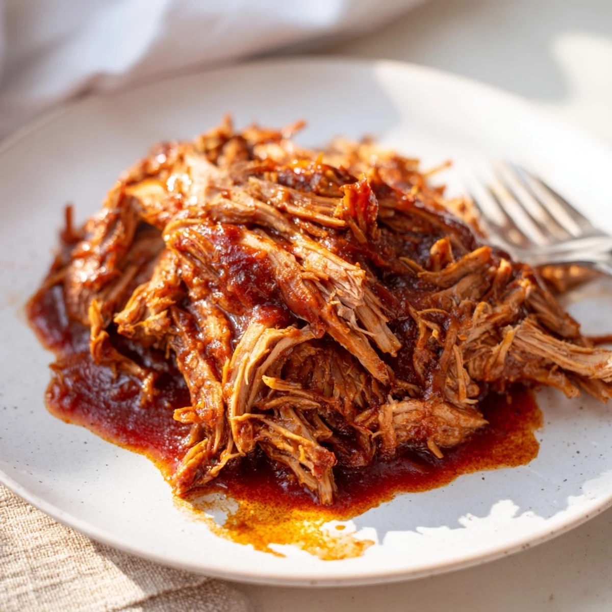 Melt-in-your-mouth Slow Cooker BBQ Pulled Pork served with coleslaw and pickles.  