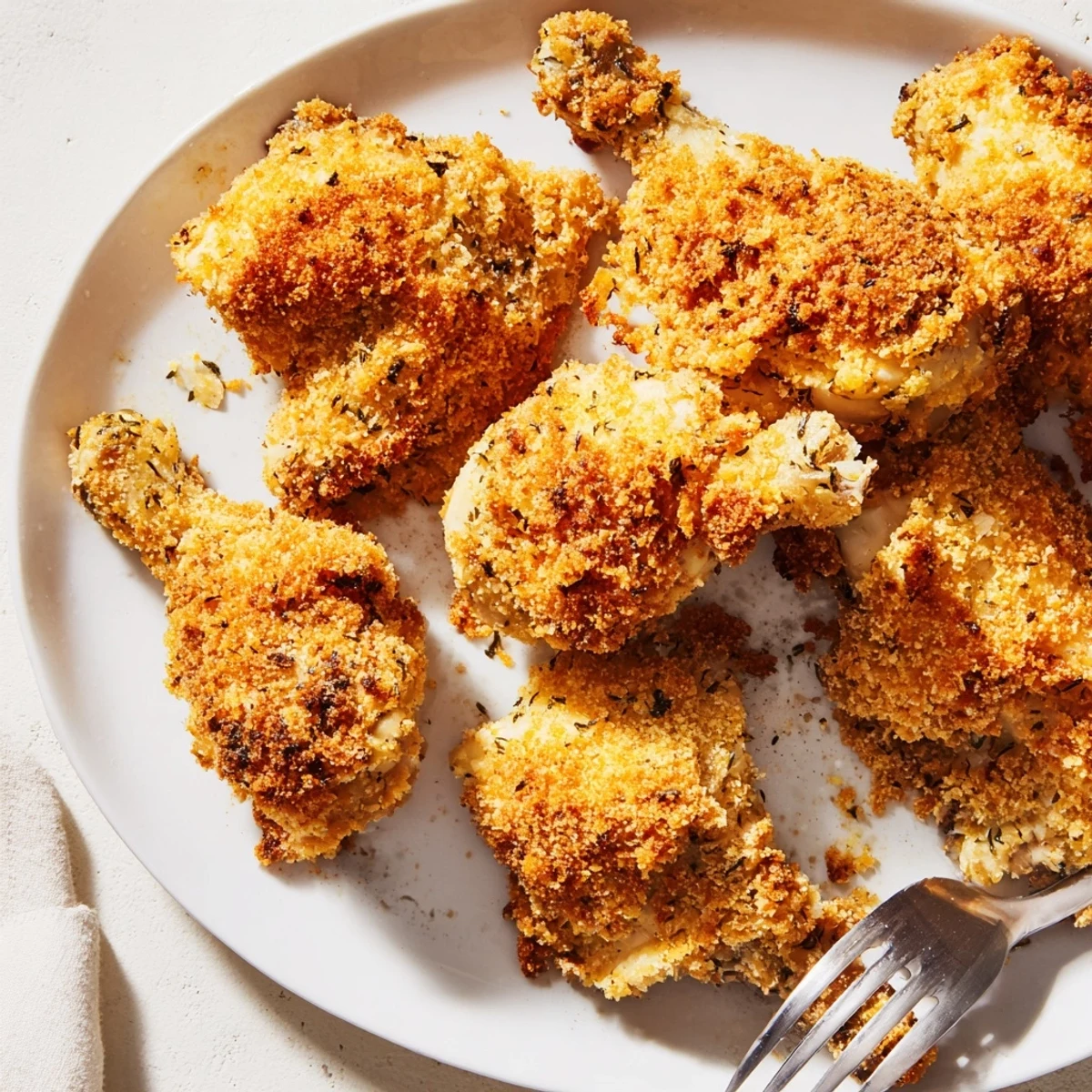 Golden crispy oven fried chicken served with a side of creamy coleslaw.  