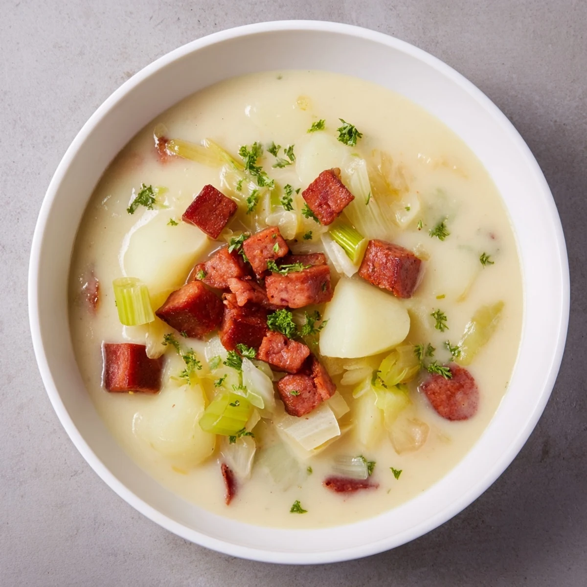 Steaming bowl of Potato, Leek & Chorizo Soup, vibrant with parsley and flavorful chorizo on top.