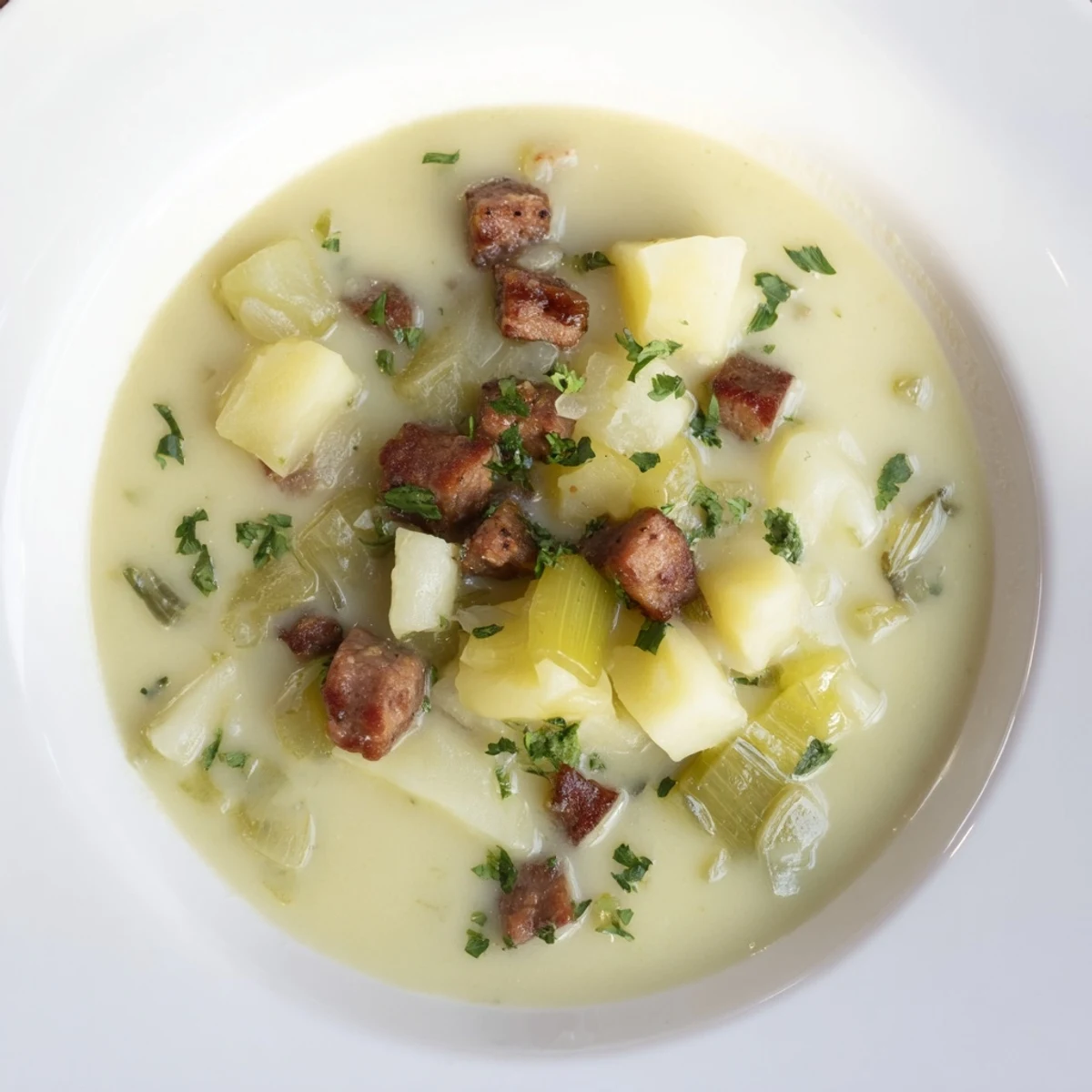 A close-up of creamy Potato, Leek & Chorizo Soup, with visible chunks ready for a comforting bite.