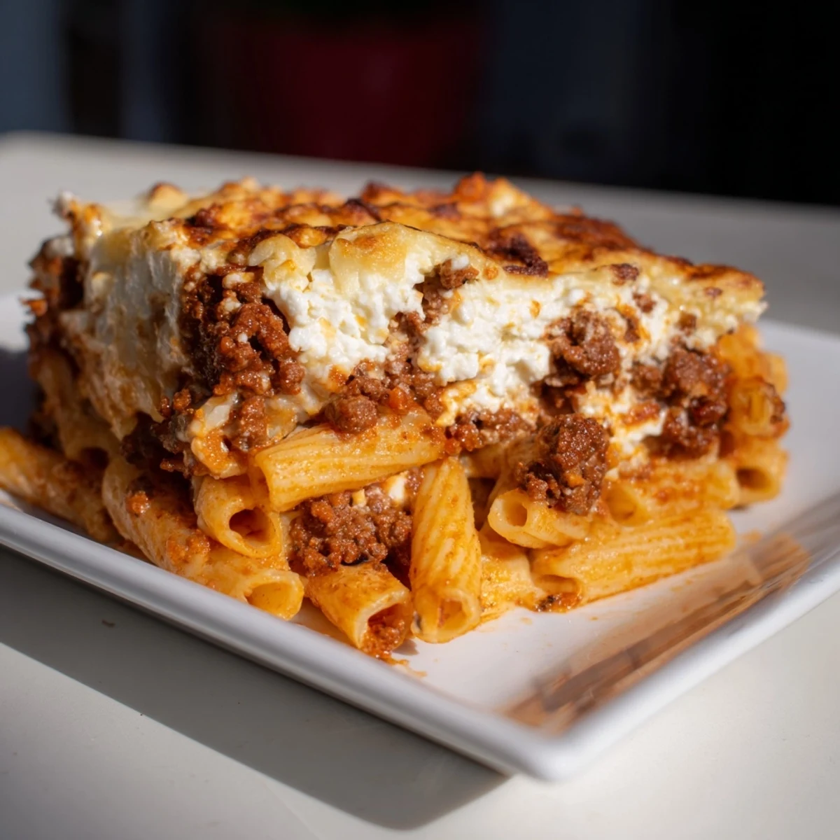 Golden, bubbling Greek pastitsio with a creamy béchamel topping, ready to serve this classic casserole.