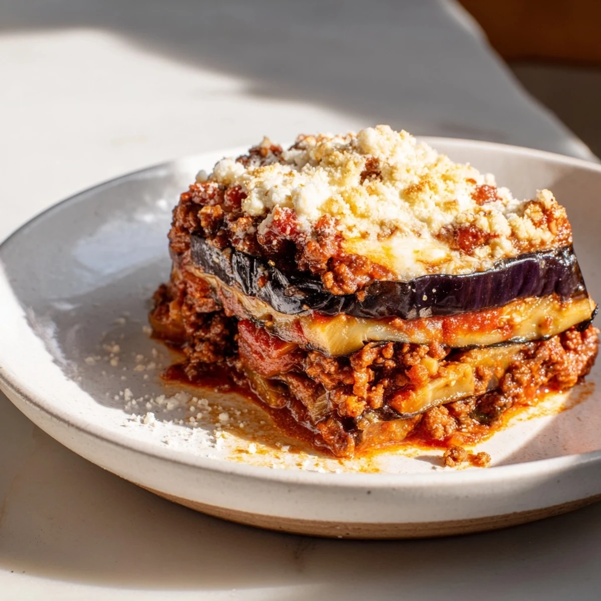 Golden, bubbly Moussaka with a creamy béchamel topping, ready to serve with a Greek salad.