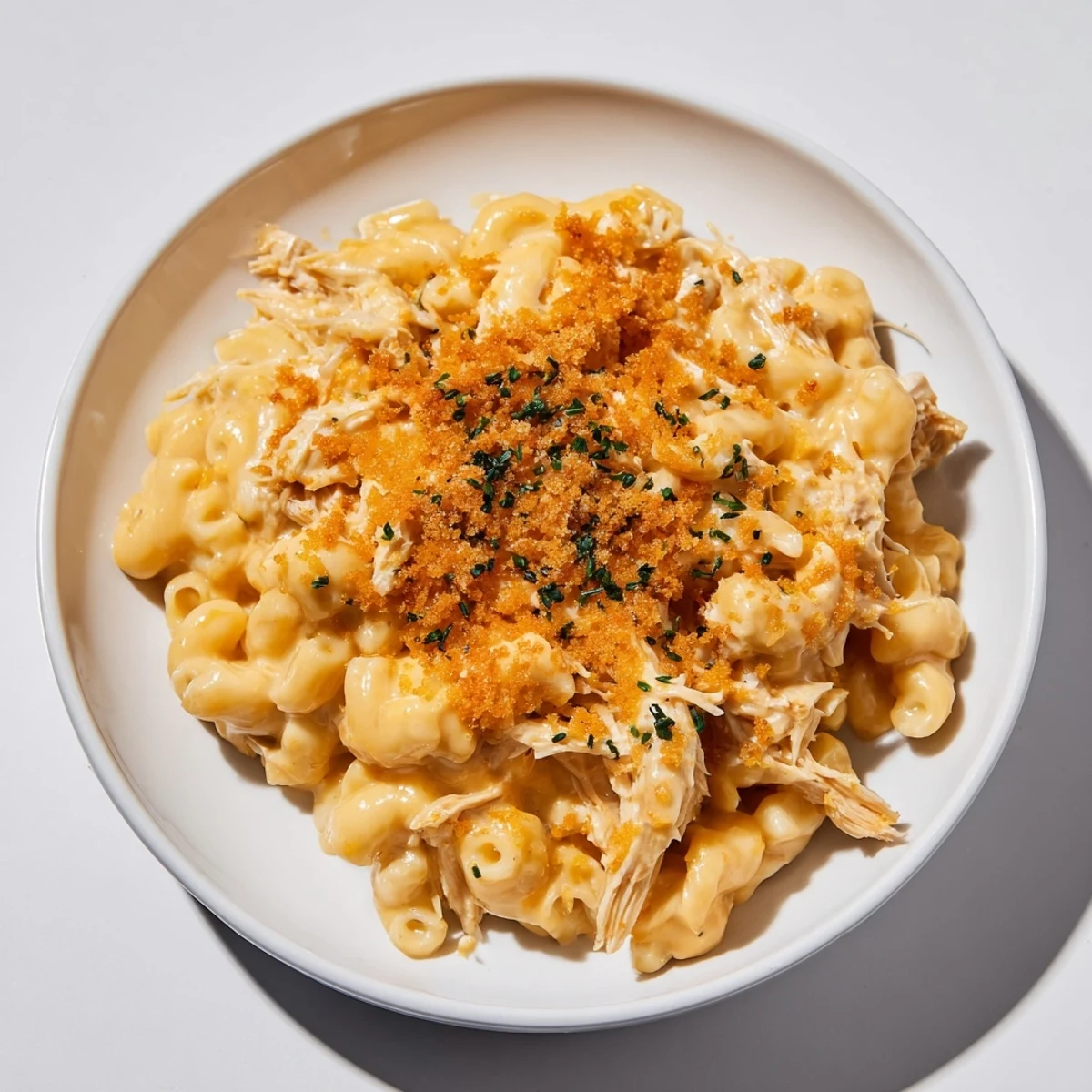 Golden, bubbly Classic Mac & Cheese with BBQ Chicken featuring tender chicken and creamy cheese sauce.