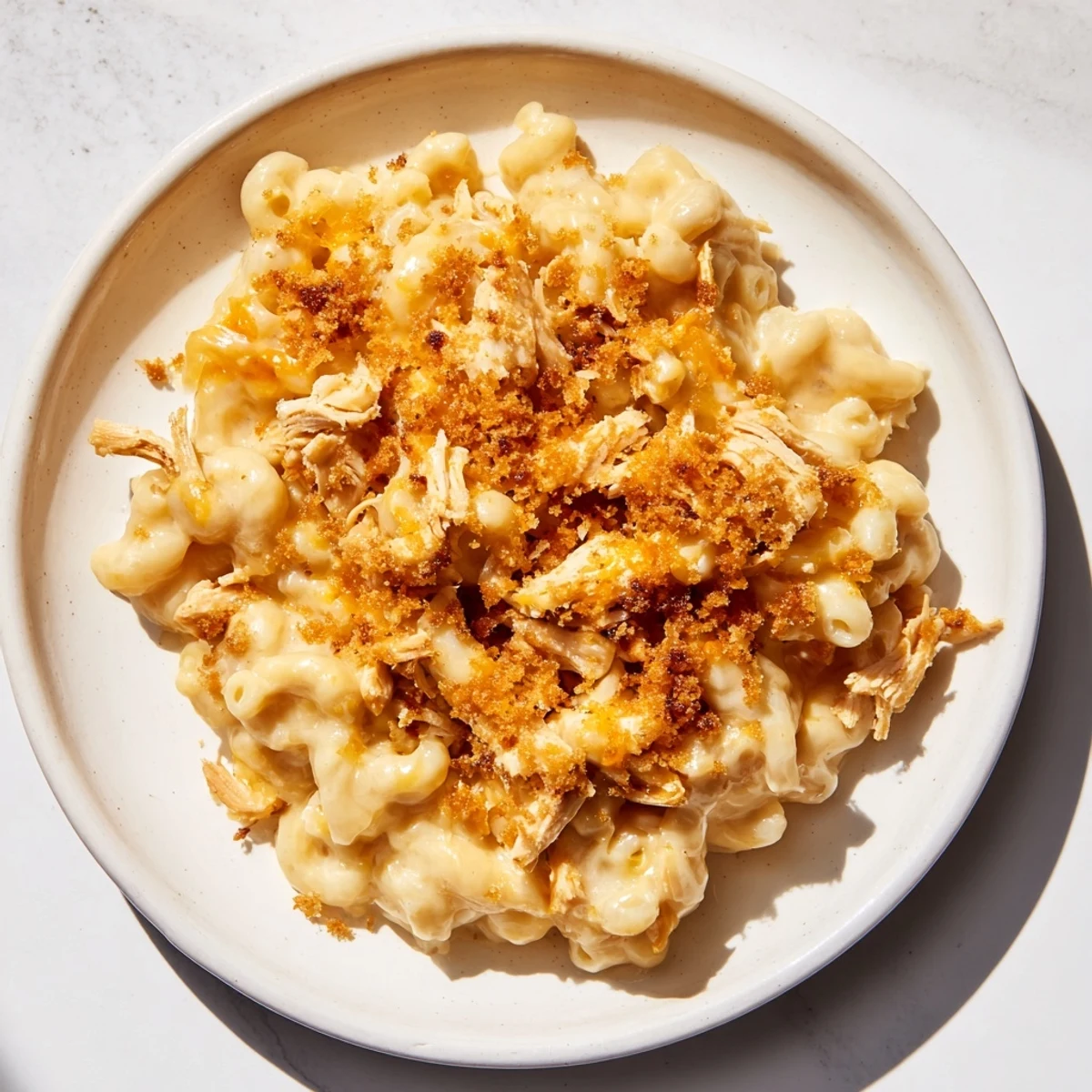 A close-up of a casserole presents this delicious Classic Mac & Cheese with BBQ Chicken ready to serve.