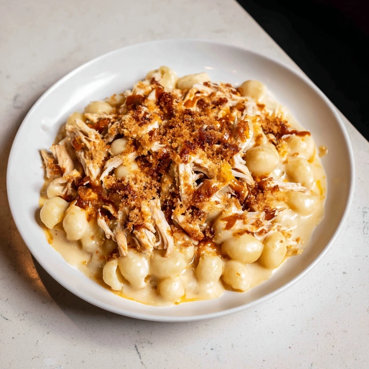 Melting cheese covers the BBQ chicken topping the creamy Classic Mac & Cheese, for dinner.