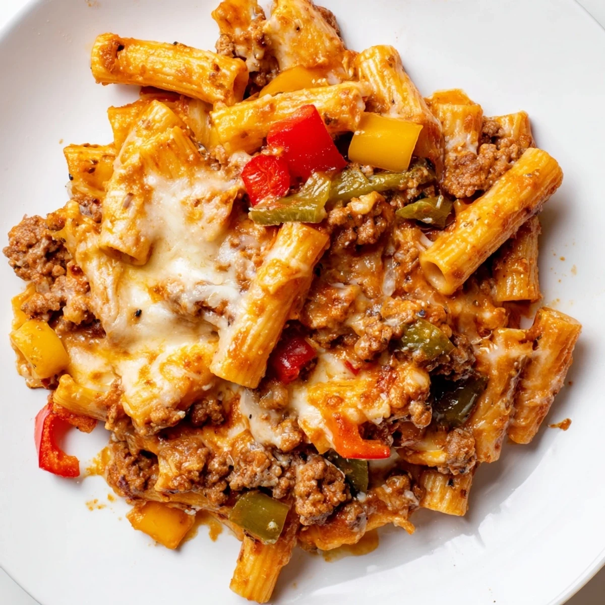 Baked Rigatoni with Sausage & Peppers, bubbling hot, cheese melted over pasta and vegetables.