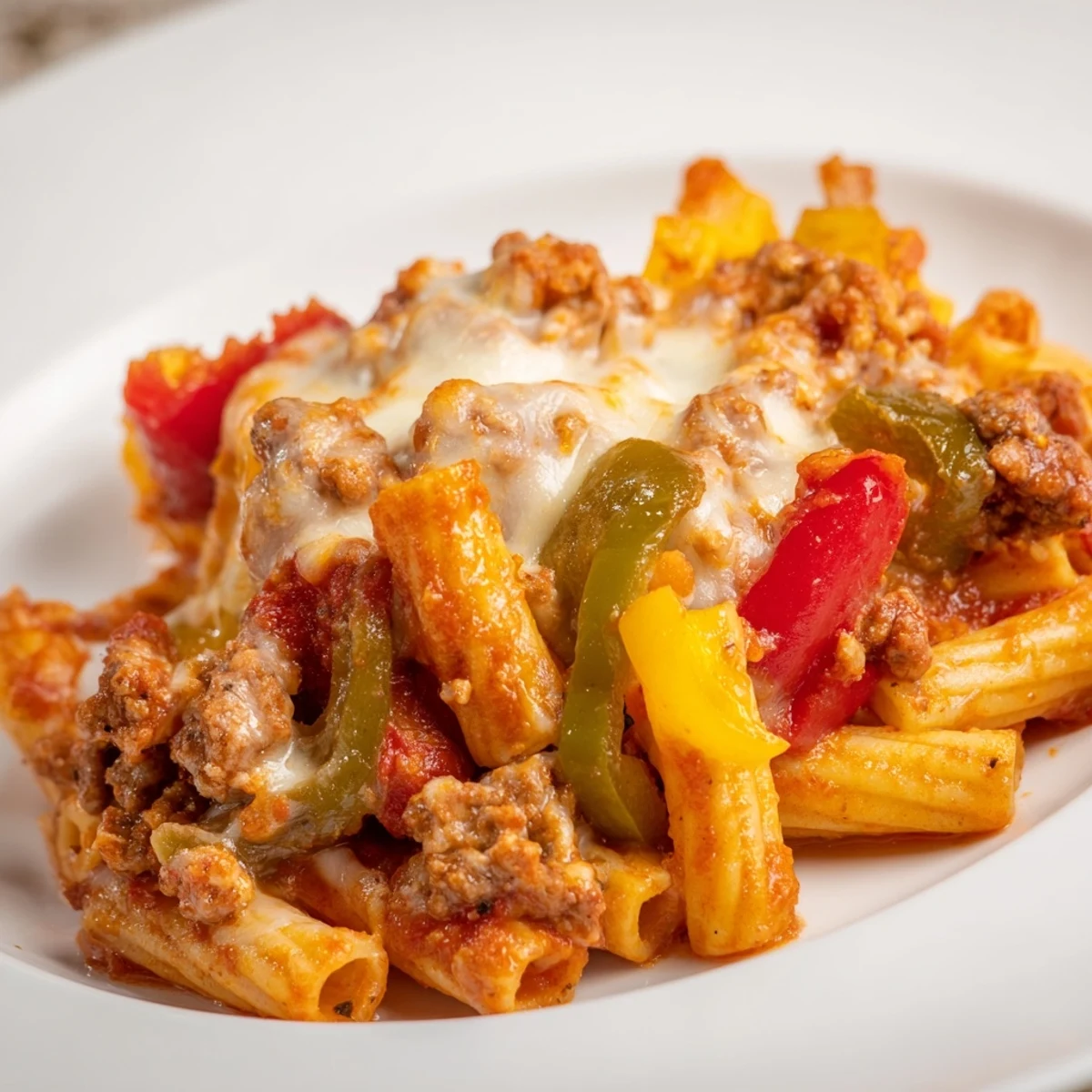 A close-up of cheesy Baked Rigatoni with Sausage & Peppers, ready to serve, with fresh basil garnish.