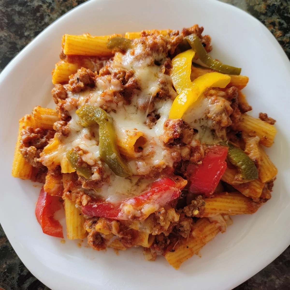 Golden-brown Baked Rigatoni with Sausage & Peppers showcasing rich tomato sauce and Italian flavors.