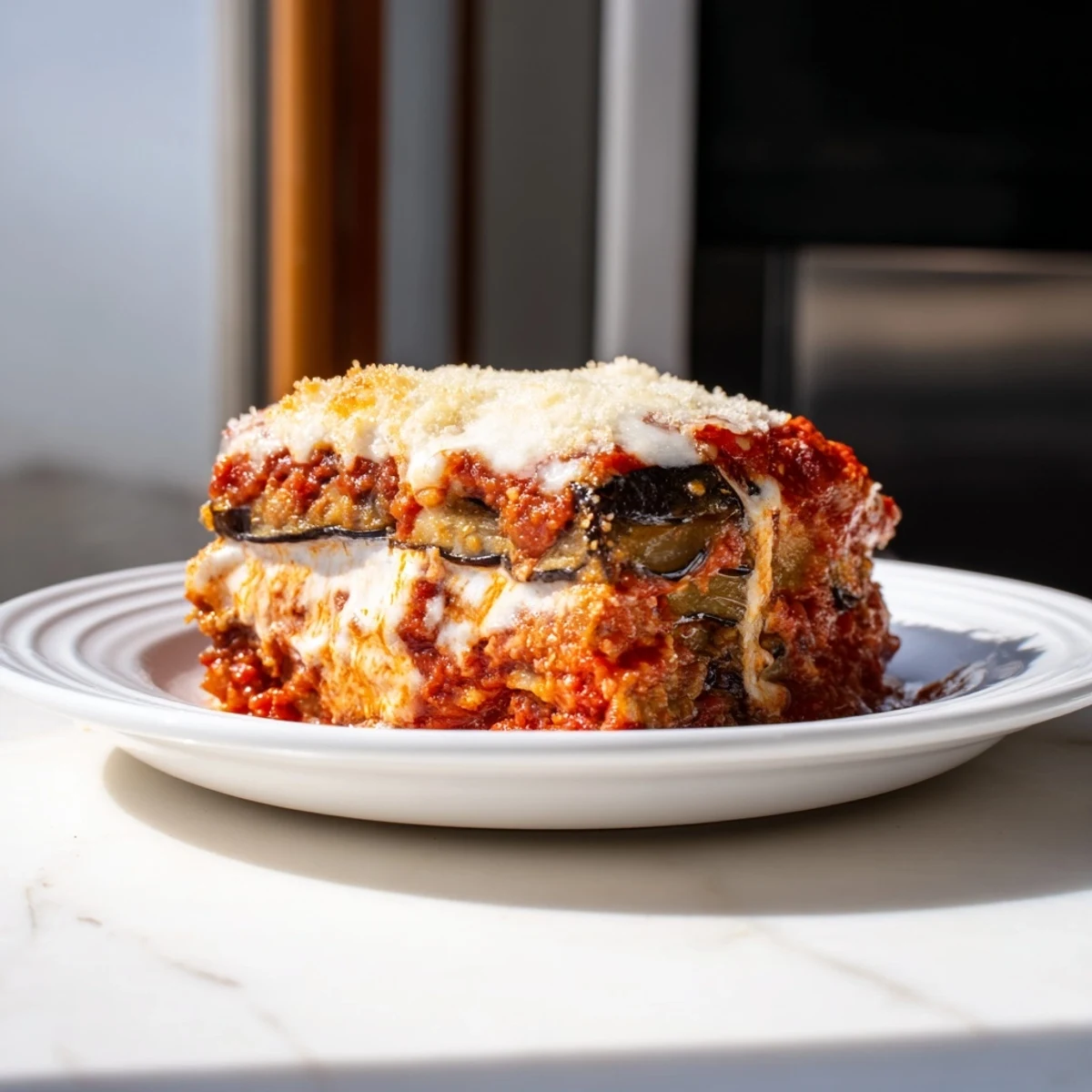 Golden, bubbly Eggplant Parmesan Lasagna, layered with cheese and a rich tomato sauce, ready to serve!