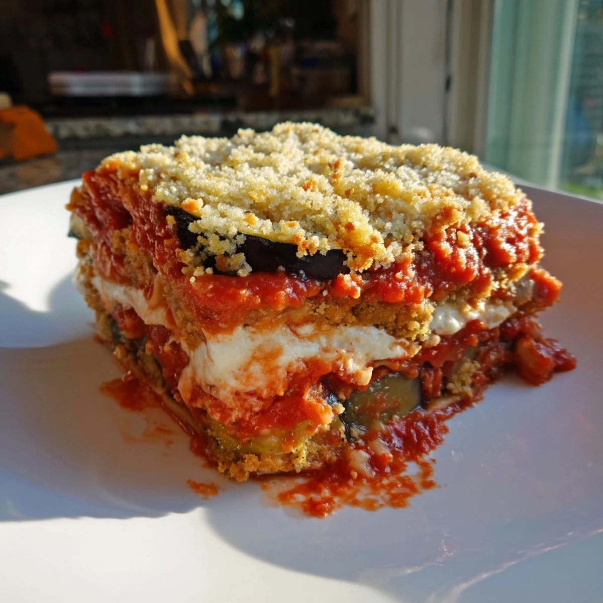 Fragrant Eggplant Parmesan Lasagna, with layers of eggplant, cheese, and marinara, baked to perfection.