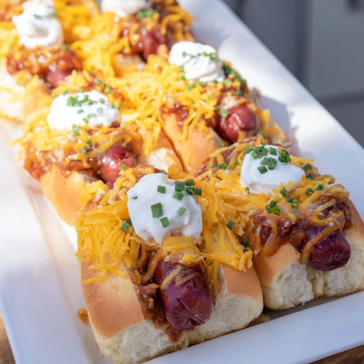 A close-up view of a delicious, easy Chili Dog Casserole with melted cheese and fresh chives.