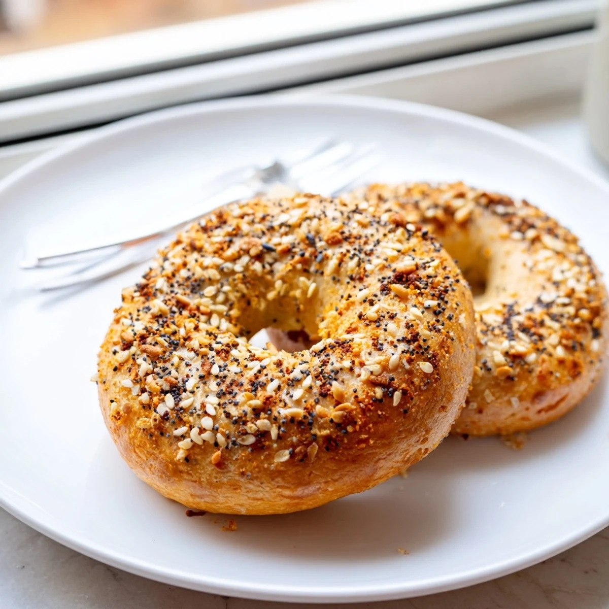 Golden-brown homemade budget bagels, fresh from the oven, with a crispy crust and inviting aroma.