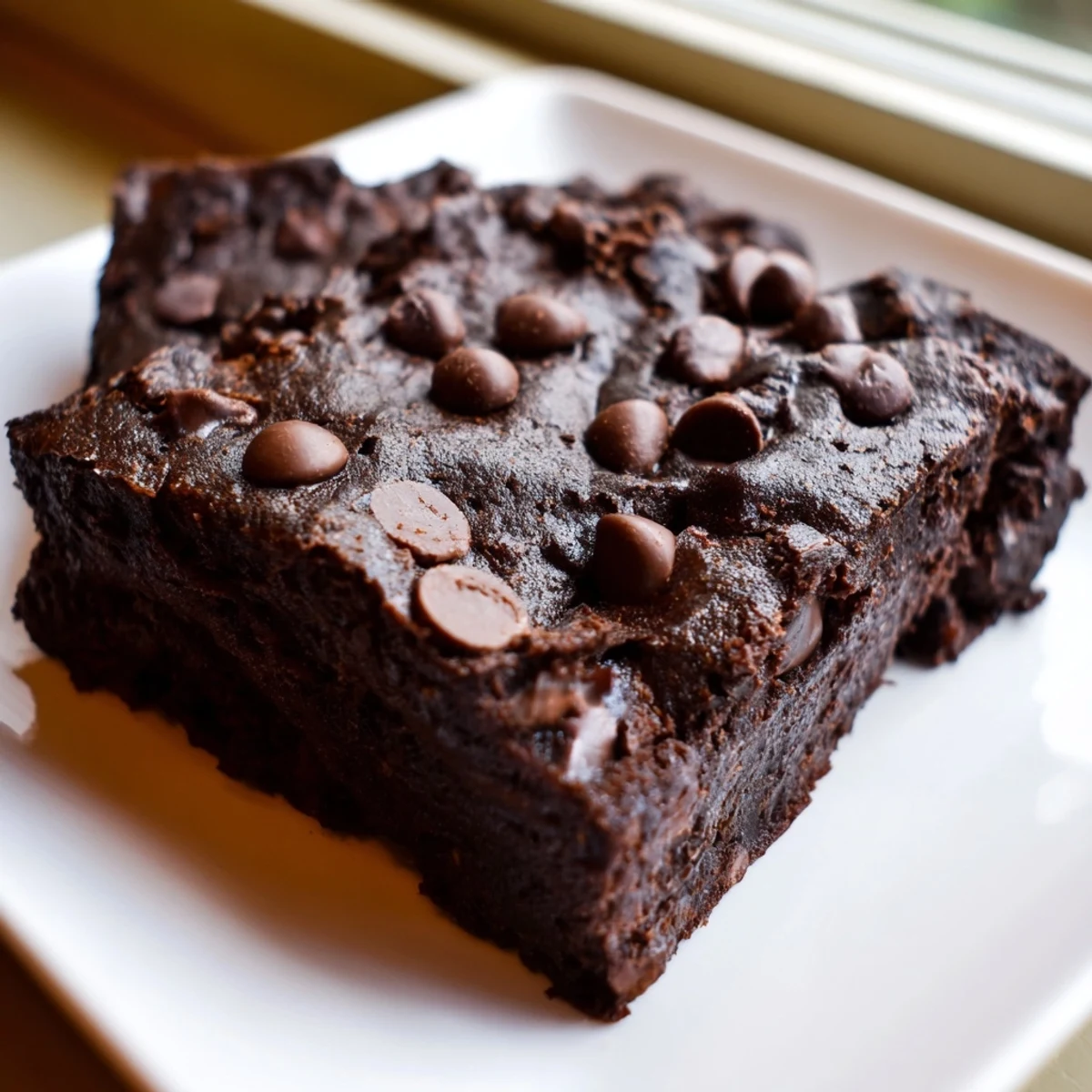 Fudgy Black Bean Brownies, warm from the oven, with a crispy top and melting chocolate chips.