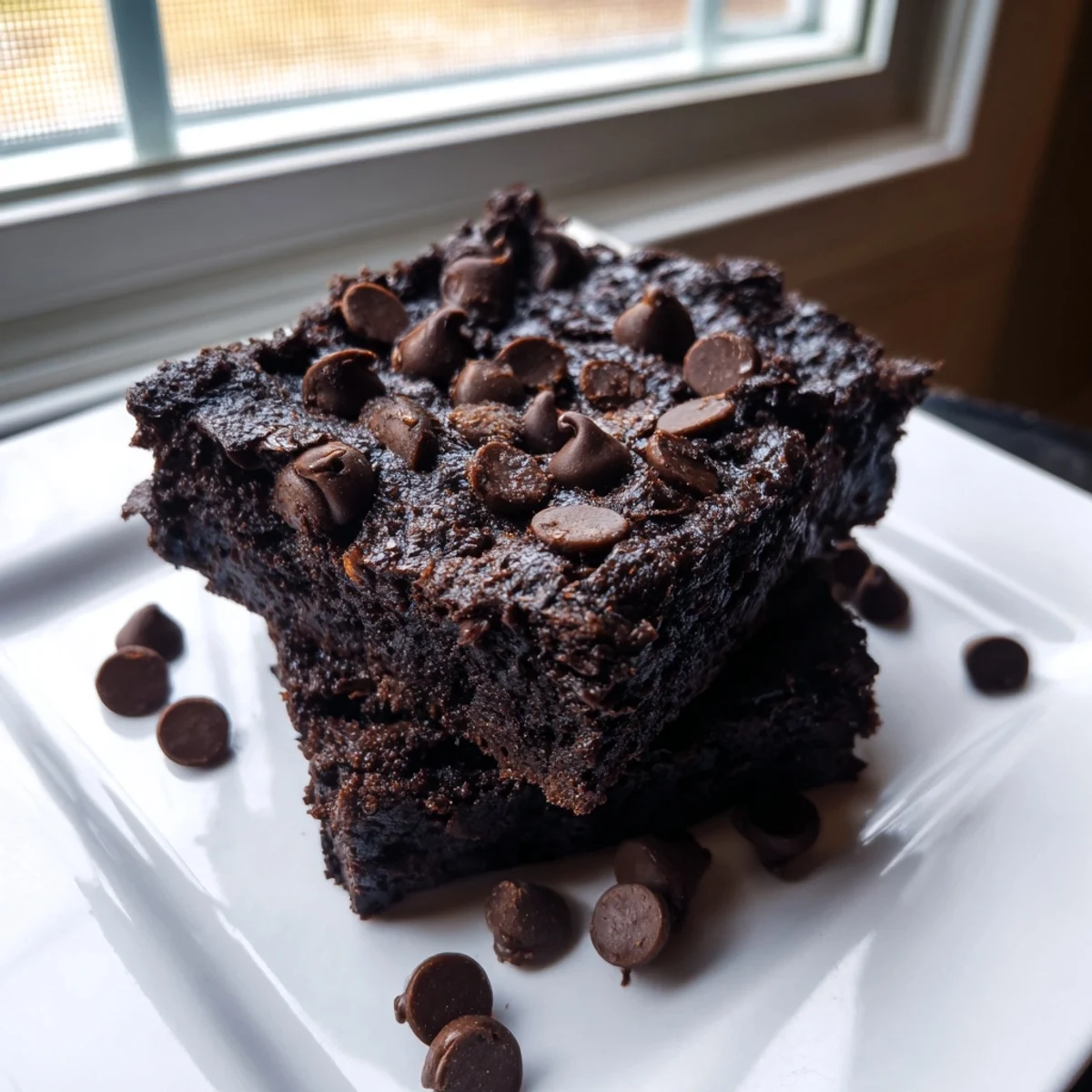 Close-up of decadent Black Bean Brownies, studded with chocolate chips, perfect for a gluten-free treat.