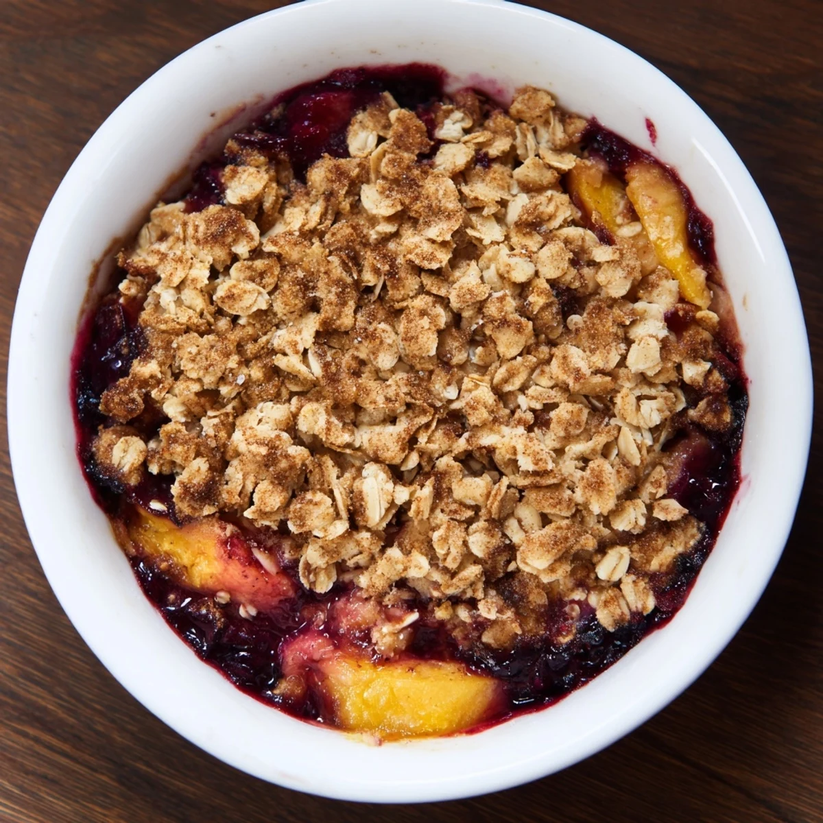 Golden-brown Fruit Crisp with frozen fruit, bubbling and fragrant from the oven, ready to enjoy.