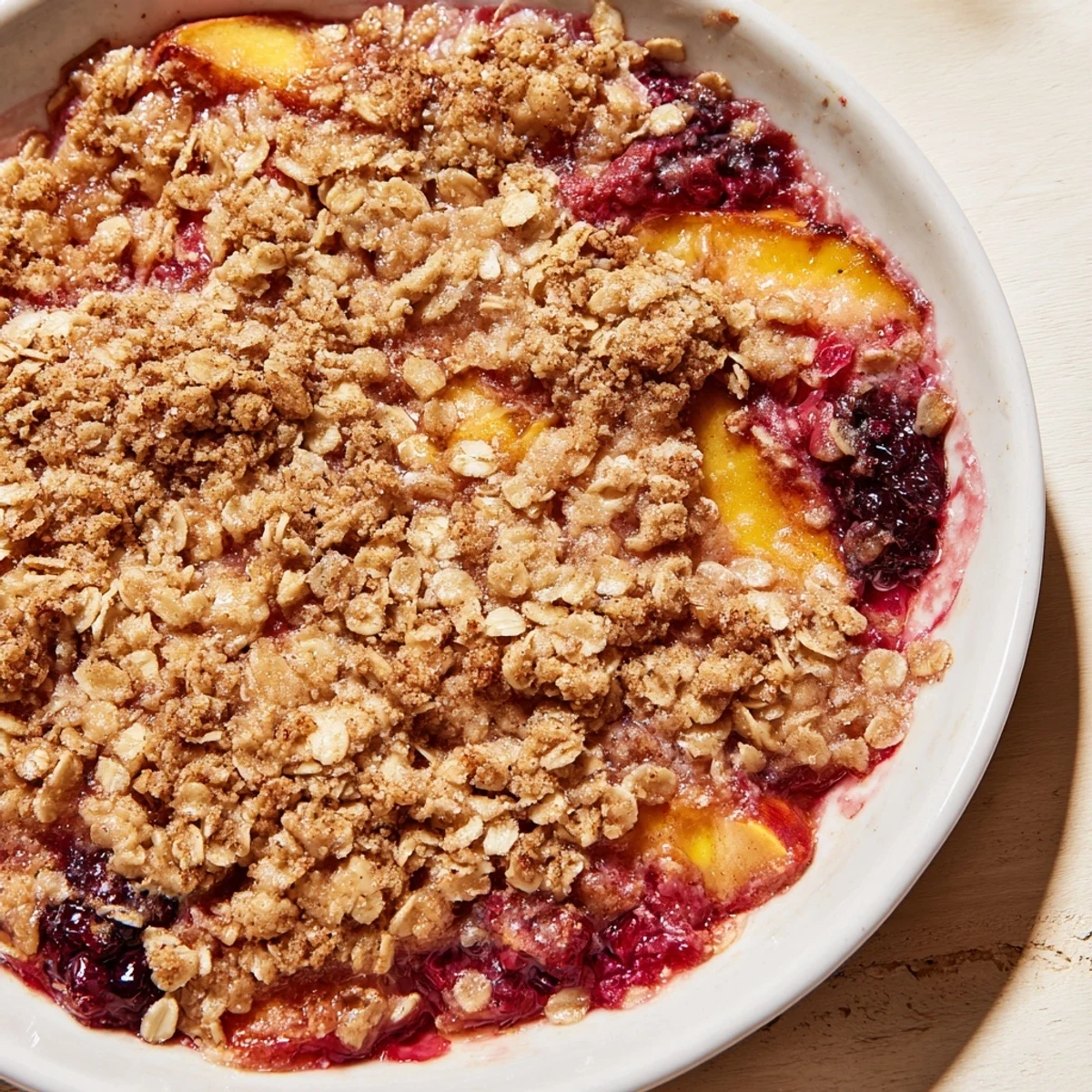 A warm bowl of homemade Fruit Crisp, the sweet and tart frozen fruit beneath a crunchy oat topping.