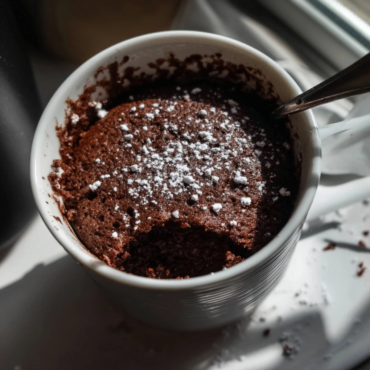 Whipped cream topping a single-serve microwave mug cake, a simple, American delight to enjoy.