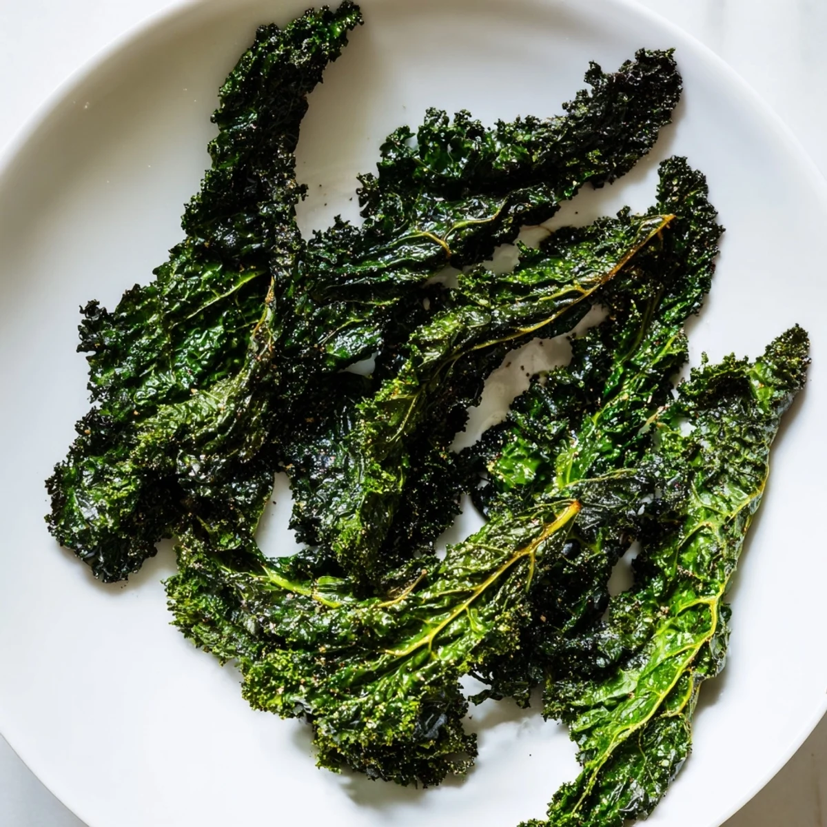 A close-up of oven-baked kale chips: crisp, vibrant green leaves with seasoning visible.