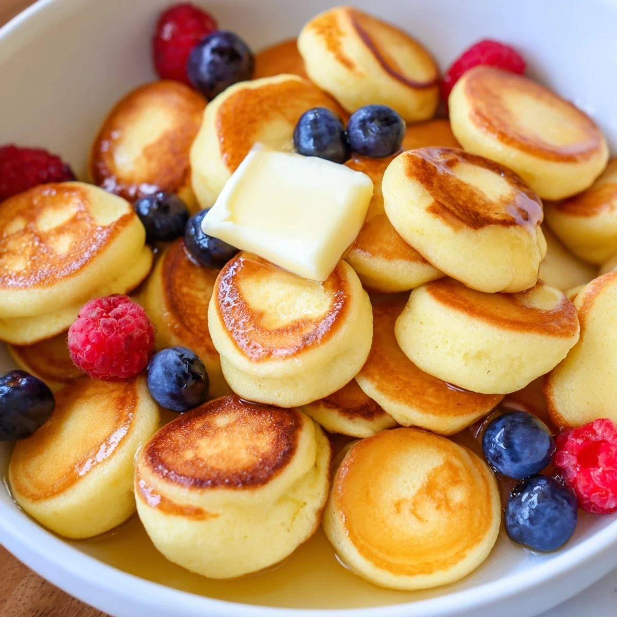 Golden mini pancake cereal swimming in maple syrup with fresh berries atop, ready to enjoy.