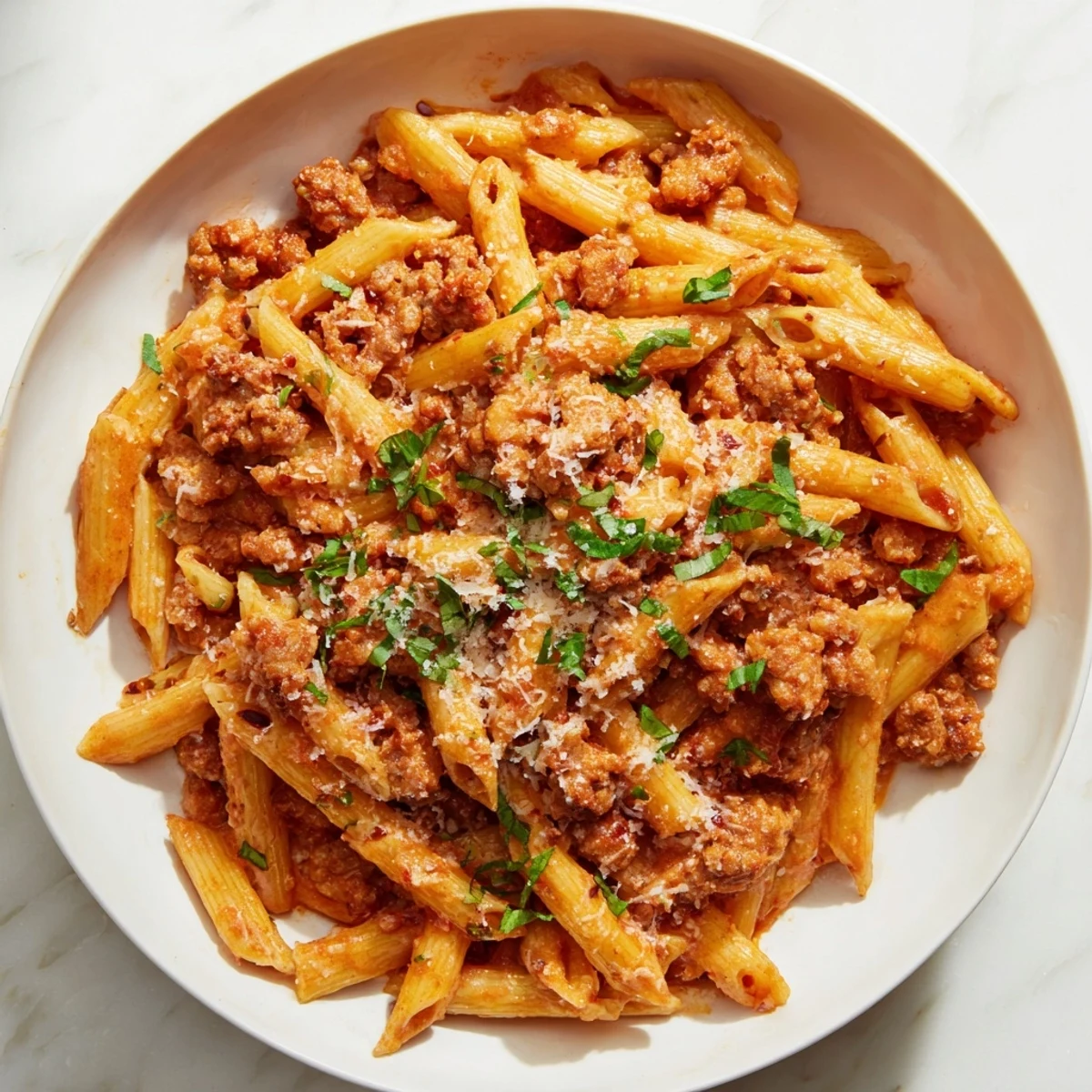 Creamy tomato and sausage pasta, served hot with fresh basil, smells incredibly savory and delicious.