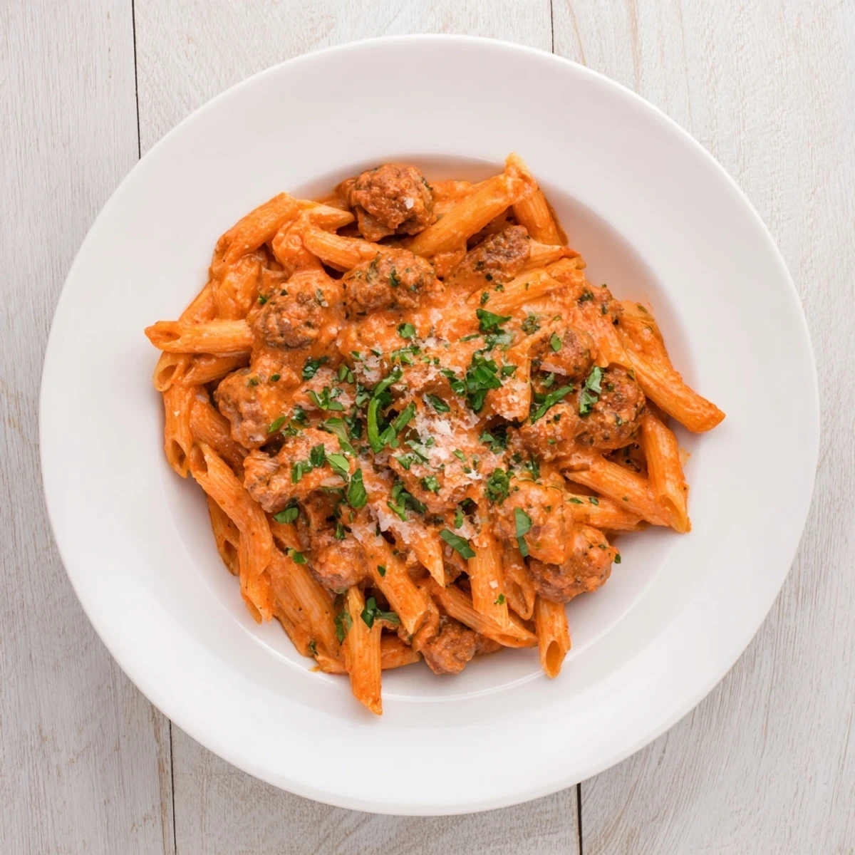 A steaming bowl of creamy tomato and sausage pasta, ready to eat for a comforting Italian dinner.